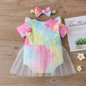 Ropa de verano para niña recién nacida, conjunto de 2 piezas con estampado Tie Dye, mono de manga corta de malla con parches coloridos + diadema con lazo, 0-18 meses - Product Image 5