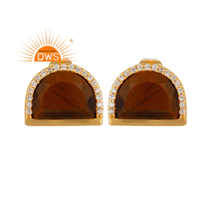 Indian <b>Jewelry</b> Manufacturer <b>Tiger</b> <b>Eye</b> Zircon Gemstone Earrings Sterling Silver Gold Plated Half Moon Design Stud Earrings - Product Image 1