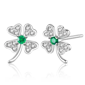 Luxury Women Earrings Emerald Shiny Round Cut White CZ 4 Leaf Clover Earring For Girl