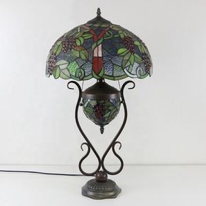 LongHuiJing 16" Tiffany Grape Stained Glass <b>Table</b> <b>Lamp</b> Artistic Colored <b>Base</b> Desk Light for Bedroom Office Nightstand - Product Image 1