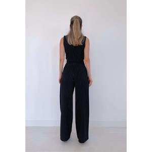 Modern Women's Black Striped <b>Jumpsuit</b> High Waist <b>Wide</b> <b>Leg</b> <b>Casual</b> Office Wear - Product Image 2