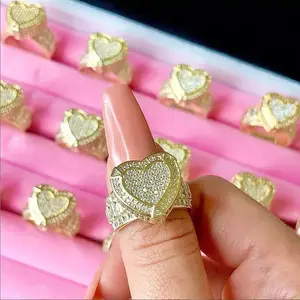 New Iced Out Heart CZ Ring Large Size Vertical Cubic zirconia With 18K Gold Plated Women Rings