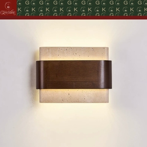 Lámpara de Pared para Dormitorio GOLDKING, Estilo Sándwich de Travertino Beige con Banda de Nogal, Iluminación Superior e Inferior, Fabricante OEM ODM Directo de Fábrica - Product Image 2