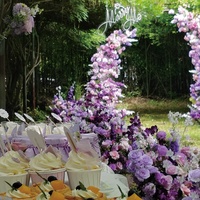 LQ LQHL009 Ensemble d'arche de cérémonie de mariage personnalisé violet, design corne de bœuf, matériaux mixtes, fleurs artificielles, pour scène et photo