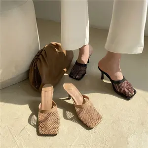Wholesale Thin Mid High Heel Dress Shoes Square Foot Open Toe Custom Mesh Fish Net Strap Sandals Fashion New Arrival Slippers