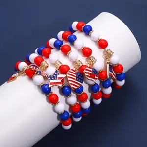 Gelang manik bendera Amerika untuk wanita anak perempuan USA gelang patriotik Hari Kemerdekaan garis hati merah putih biru hadiah perhiasan