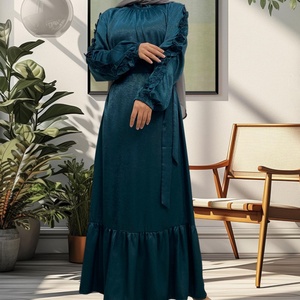 9.9 Popular Dress Rose Satin Material Crew Neck Elastic Cuff Pleated Dress Classy Muslim <b>Islamic</b> Women Abaya Dress 6582# - Product Image 3