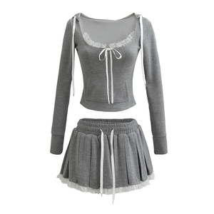 New Korean Style Lace <strong>Stitching</strong> Women's Two-Piece Set Slim-Fit Hooded <strong>Top</strong> Pleated Skirt Pants for Summer Spice Girl Design - Product Image 1