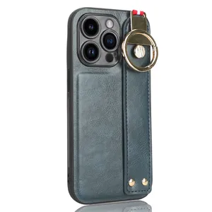 Funda de teléfono con soporte de anillo para iPhone 13 14 Pro 15 Promax Funda de cuero Cartera Ranuras para tarjetas Muñequera Funda protectora