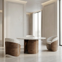 Table de salle à manger de style farmhouse moderne de luxe avec base en bois massif et plateau en marbre naturel, ronde, 6 places, pour usage intérieur