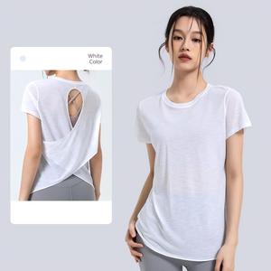 เสื้อโยคะผู้หญิงแบบขายส่ง คอไขว้เว้าหลัง แขนสั้น ระบายอากาศได้ดี เสื้อออกกำลังกายทรงหลวม แห้งเร็ว ชุดกีฬา - Product Image 3