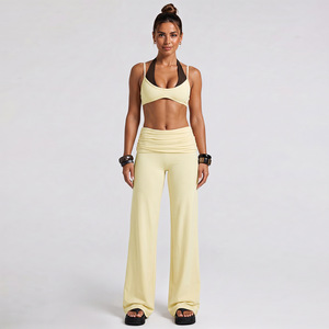 Striped Halter Double Layered Breathable <b>Bra</b> Top With Fold-over Waistband High Waist Wide Leg Yoga Pants Leggings Set - Product Image 5