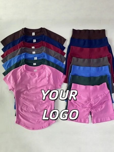 Camisetas de Manga Corta Tejidas sin Costuras al por Mayor, Personalizadas, que Absorben el Sudor, Súper Elásticas, Moldeadoras, para Fitness, Yoga y Deportes, con Pantalones Cortos - Product Image 1