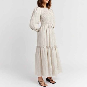 <strong>Custom</strong> Casual Backless Flare Sleeve Women Natural Linen Midi <strong>Dress</strong> With Sash - Product Image 2