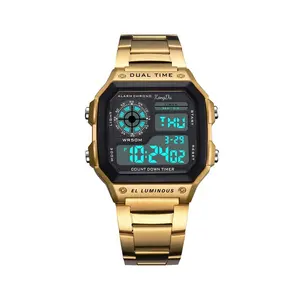 Reloj Digital de metal para hombre, reloj deportivo con pantalla lcd led, color dorado, cuadrado, número de luz verde