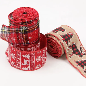 Luxe Custom Jute Bedrade Rand Streep Geruit Rode Kerst Lint Rollen Voor Geschenkverpakking - Product Image 1