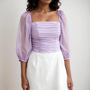 Olaesa Fashion High Quality Women New <strong>Design</strong> V Neck Linen Blouses Purple Puff Sleeve <strong>Peplum</strong> <strong>Top</strong> With Waist Tie