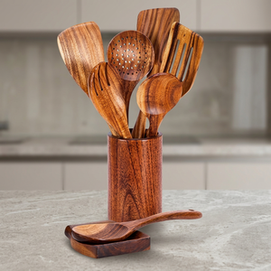 MZF 6-Piece Organic Natural Teak Wood Utensil <b>Set</b> with Skimmer & <b>Spatula</b> Spoon Size S - Product Image 2