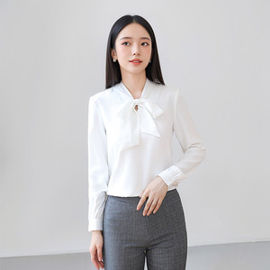 <b>White</b> Chiffon Blouse With Bow Tie Long Sleeve Office Shirt Women Solid Color Polyester <b>Wrap</b> And Tie Style - Product Image 1