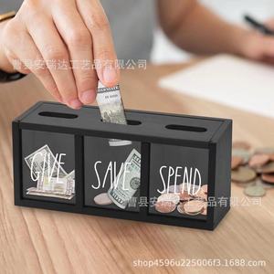 Tirelire en bois pour enfants, rectangulaire, noir, blanc, marron, couleur unie, avec compartiments pour économies et pièces de monnaie - Product Image 2