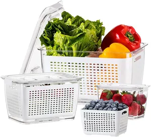 冷蔵庫用マスコット3パック野菜容器農産物セーバーコンテナボックスふたザル付きフルーツ収納オーガナイザー