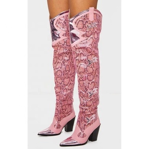 High Heel Snakeskin Print PU Upper Mesh Shaft Women Pointed Toe Thigh High <b>Boots</b> Large Size 43 Slip-on Over Knee High <b>Boots</b> - Product Image 2