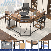 Moderne draagbare gaming pc-tafel, L-vormig, metalen computertafel met stopcontacten, LED-strip, boekenplank, opbergruimte, ruimtebesparend voor thuiskantoor