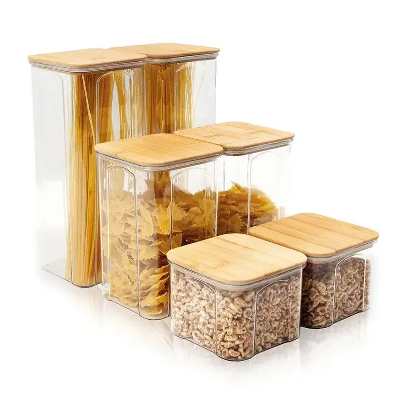 Boîtes de rangement hermétiques avec couvercle en bambou Lot de 6 boîtes de rangement transparentes pour aliments Bocal de rangement pour garde-manger de cuisine