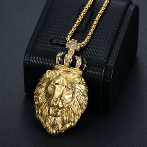 yunnique Lion Head Pendant Necklace Gold Plated Stainless Steel Crown With Rhinestones Men's Hip Hop Jewelry Party Accessory - Product Image 3