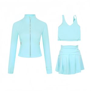 Conjunto de Ropa de Yoga de Verano para Mujer, 3 Piezas: Chaqueta Deportiva Ajustada con Cuello Alto, Chaleco con Espalda en U <span class=keywords><strong>y</strong></span> <span class=keywords><strong>Falda</strong></span> Corta - Product Image 6