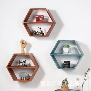 Hexagonal Wall <b>Shelf</b> Wooden Storage <b>Rack</b> 2 Tier Retro Color Wall Mounted Display <b>Rack</b> For Home Decoration - Product Image 1