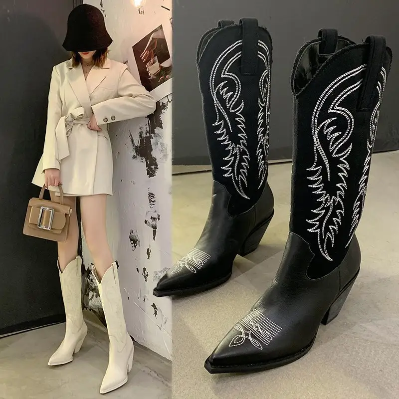 Botas de mujer de cuero de microfibra en relieve a la moda, botas vaqueras occidentales con punta en pico, botas hasta la rodilla para mujer, cuñas gruesas