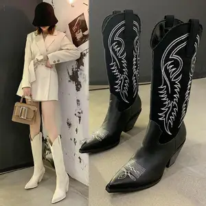 Stivali da donna in pelle microfibra goffrati alla moda stivali da Cowboy occidentali a punta stivali da donna al ginocchio con zeppe
