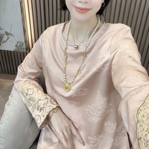 Traditional Chinese Style Embroidery Loose Fit Top Beige Pink Yellow Polyester Daily Wear - Product Image 1