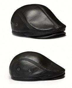 Men Vintage Cowhide Beret Caps Earflaps Flat Top Ivy Cap Windproof Duckbill Warm Black Brown Genuine Leather <b>Hats</b> - Product Image 3