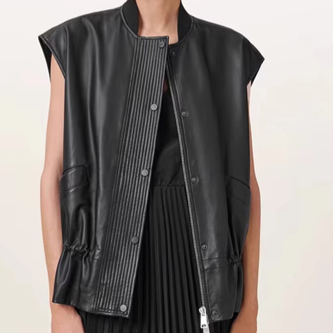 5190 Hot Selling 2025 Leather Zipper Vest Drawstring Knitted Collar Sleeveless Jacket Real Sheepskin Leather Vest for Women