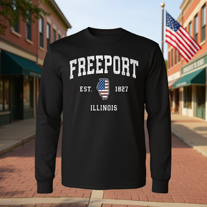 T-shirt a maniche lunghe con bandiera americana vintage di Freeport Illinois - Product Image 3