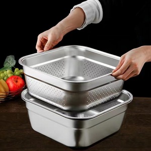 Double Stainless Steel <b>Square</b> Drain Basket Perforated Basin For Kitchen Vegetable Rice Washing Easy To Clean Polished Surface - Product Image 2