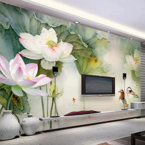 Custom Waterproof <strong>Canvas</strong> 3D <strong>Wall</strong> Mural Wallpaper Flower Duck Lotus Chinese Style Oil Painting Bedroom Living Room Peel and Stick - Product Image 2