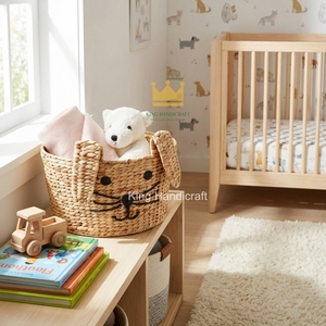 Panier à linge en jacinthe d'eau de haute qualité, en osier, forme d'animal mignon pour chambre d'enfant, organisateur de jouets, couleur naturelle, forme ronde - Product Image 6