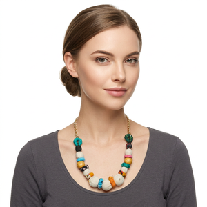 Collar Bohemio Chapado en Oro Hecho a Mano con Perlas de Imitación y Cuentas de Tela, Ecológico, con Diseño Geométrico - Product Image 2