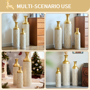 Set di 3 vasi cilindrici alti in metallo bianco oro, decorativi per fiori, con motivo a rilievo, centrotavola moderno di lusso - Product Image 3