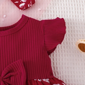 Little Girl Princess Sweet Bow Fly Sleeve Baby Cute <b>Patchwork</b> Two-piece Dress + Headscarf Set Breathable Daily Wear - Product Image 6