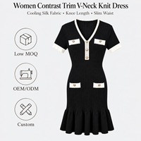 Robe Midi Tricotée Élégante d'Été pour Femme, Style Français, Col en V, Blocs de Couleurs, Manches Courtes, Taille Cintrée, Coupe Moulante, Vente en Gros OEM ODM
