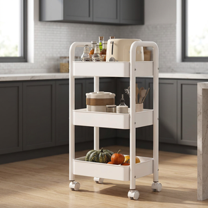 Chariot de rangement de cuisine à trois niveaux avec roulettes, design moderne blanc, type sur pied pour ustensiles de cuisine - Product Image 6