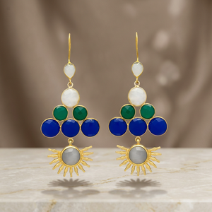 Boucles d'oreilles pendantes en argent faites à la main avec pierres précieuses, plaquées or, style bohème ethnique, pour fiançailles - Product Image 2