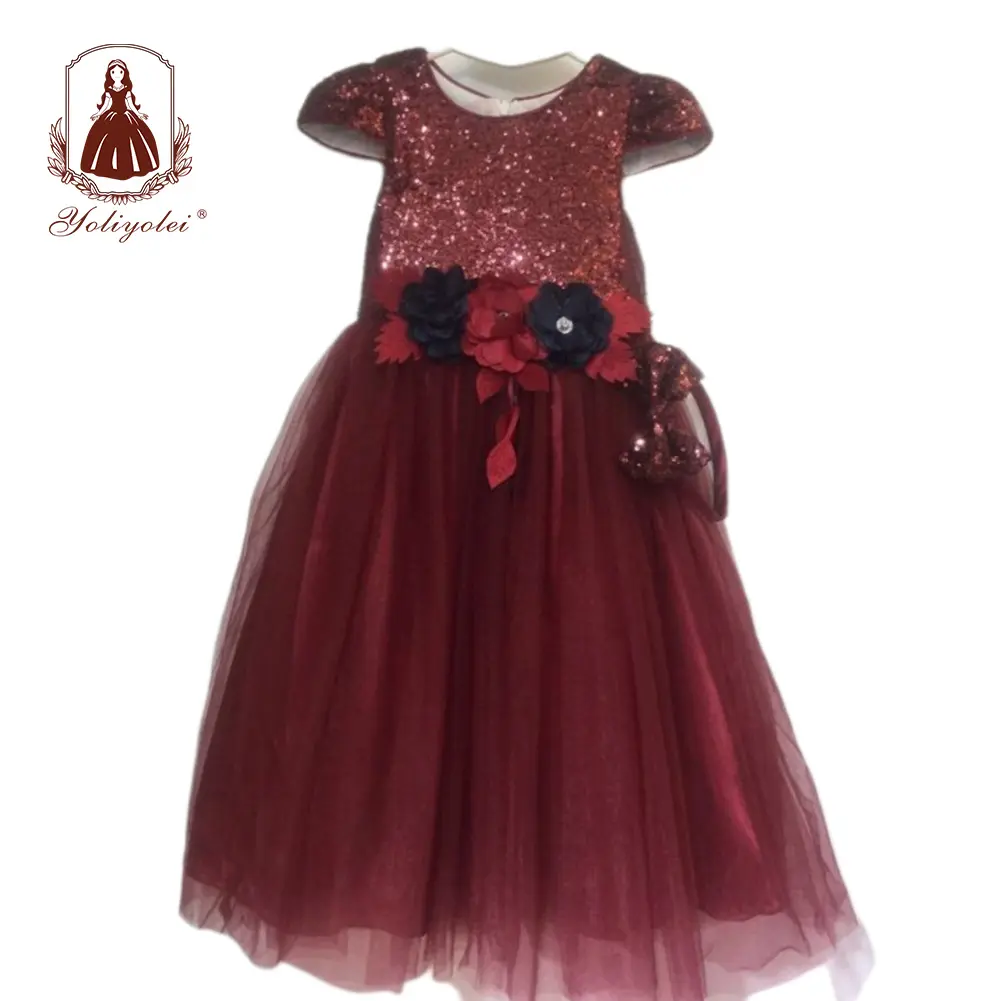 Kid Popular Long Maroon Teenager Girl Christmas Flower Dress For 12 Year Olds Teenage Girl