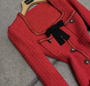 Damen Herbst Neuheit Eleganter Stil Schleifenkragen Langarm Einreihiges Figurbetontes Mini-Tweedkleid für Frauen - Product Image 3