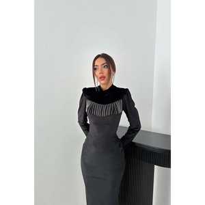 Robe de bal en velours noir en gros avec des paillettes scintillantes, des strass, des perles, une fente haute pour les fêtes, taille XL - Product Image 3