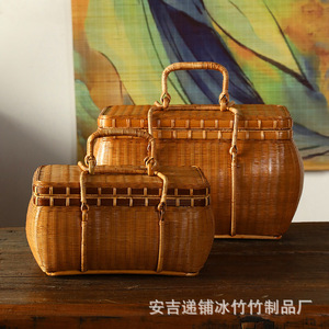 Anji Difu Bingzhu <b>Bamboo</b> Woven Storage Box With Handle Rectangle Food <b>Container</b> Portable Travel Gift - Product Image 1